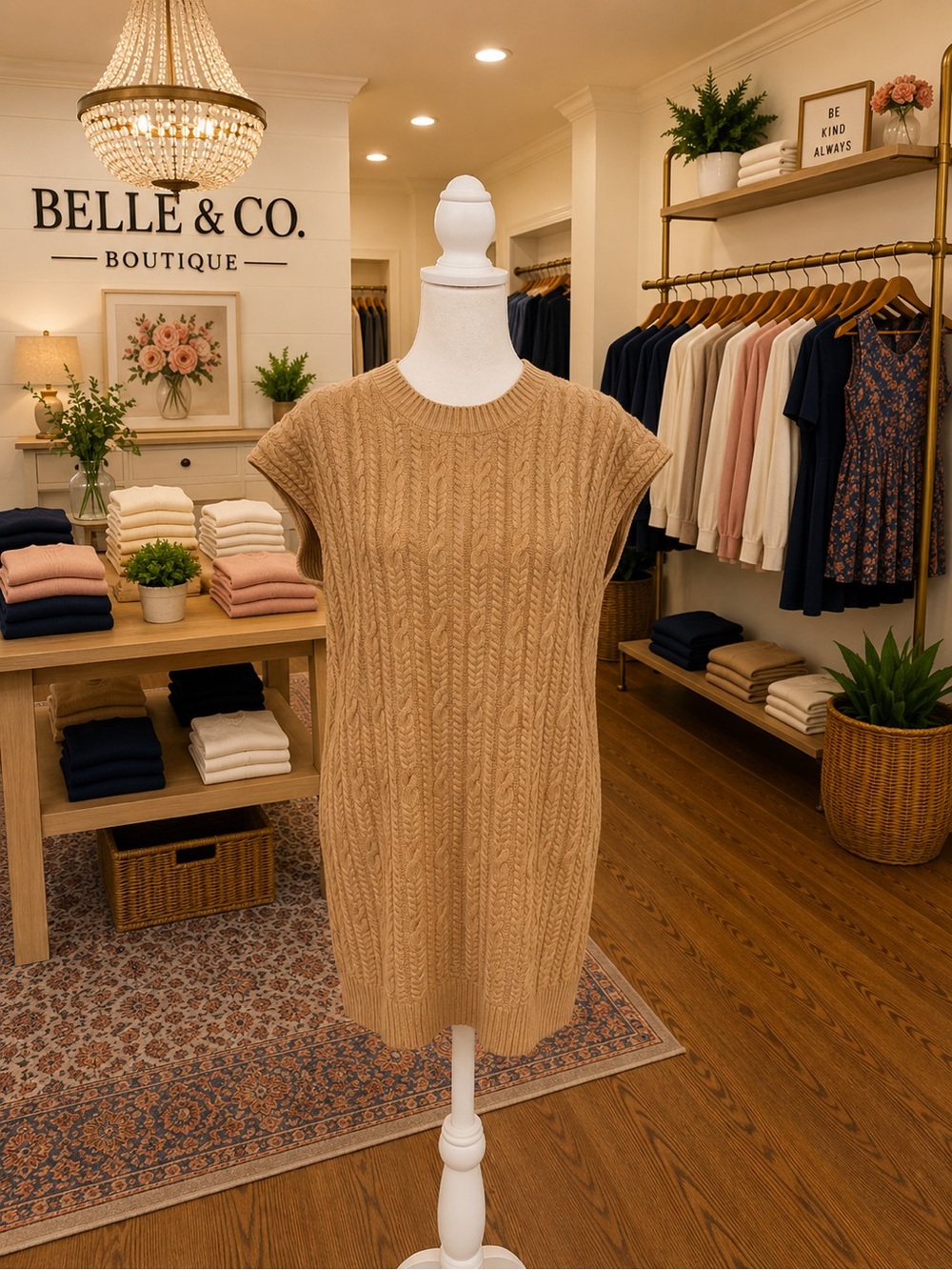 Entro Tan Cable Knit Sweater Dress Tunic Medium NWOT